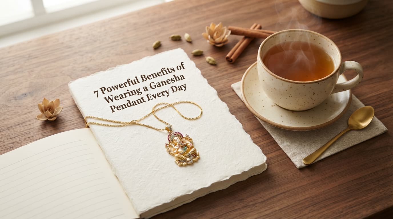 Gold Ganesha pendant chain on a wooden desk with a notebook and tea cup, a spiritual accessory for daily wear.