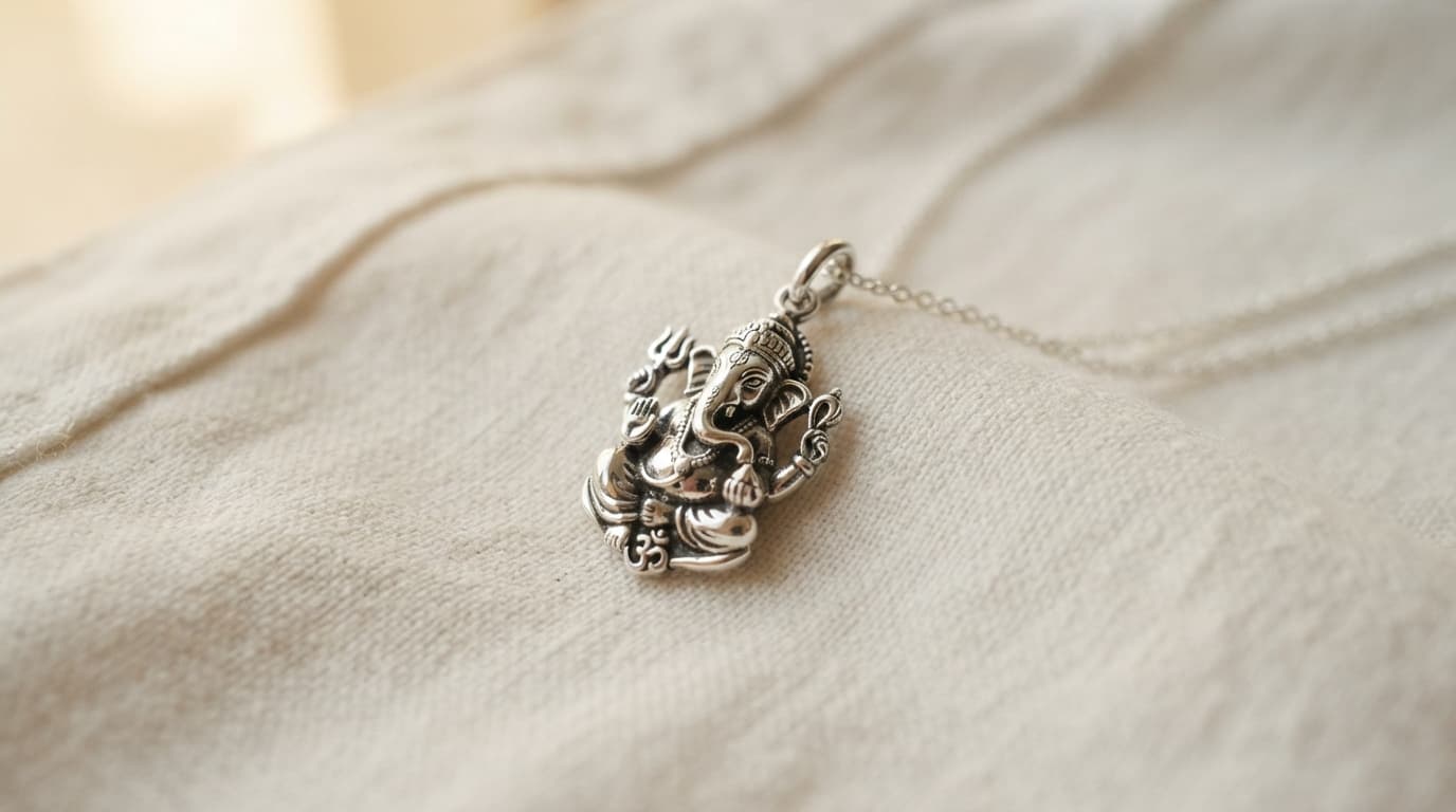 Polished silver Ganesha pendant on a cotton shirt reflecting soft sunlight, symbolizing daily spiritual benefits.