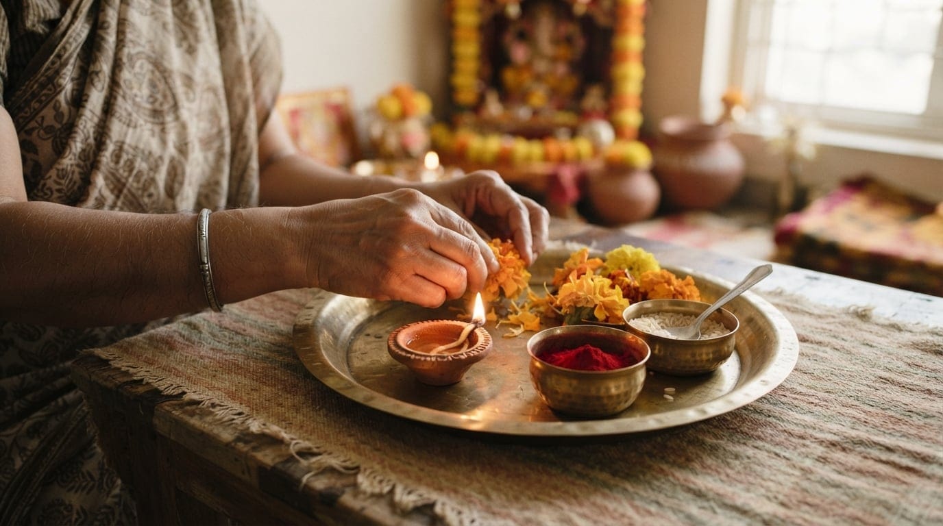 Traditional brass puja thali with a lit diya, fresh orange marigold flowers, and red kumkum powder for Navratri 2026 morning rituals