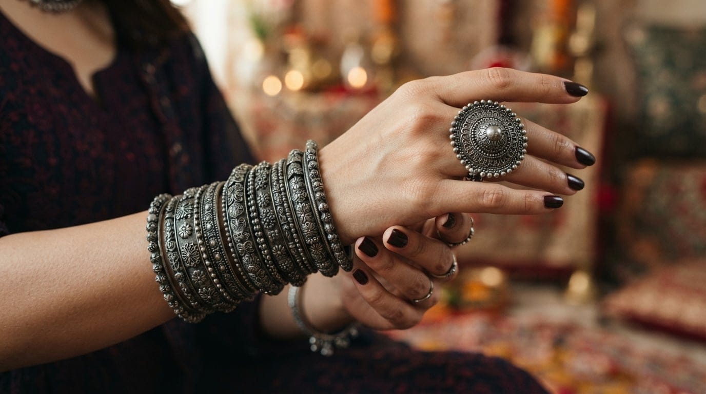 Close up of a woman's hands adorned with multiple traditional oxidised bangles and a large intricate ring for a festive Navratri look.