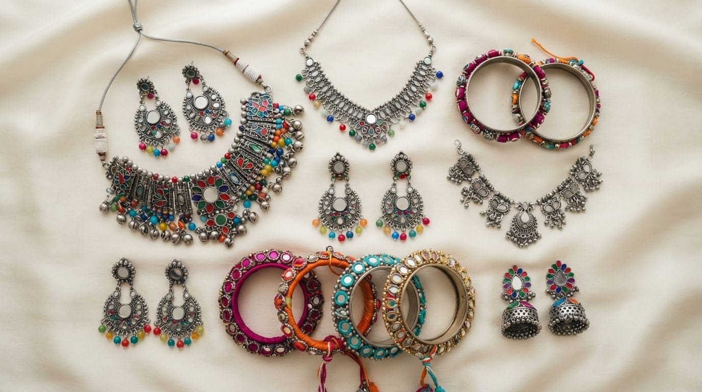 Elegant flat lay of oxidized Navratri jewellery from top brands.