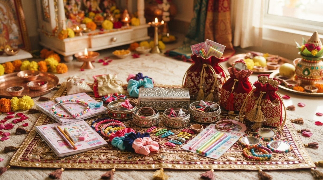 Kanya Pujan return gift ideas for girls featuring silver jewellery boxes, hair accessories, and stationary on a decorated festival mat for Kanjak