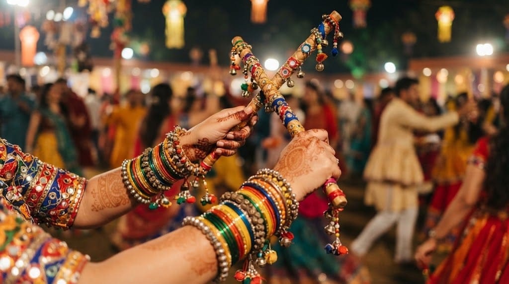 Vibrant bangles and Dandiya sticks for a festive Garba night look.