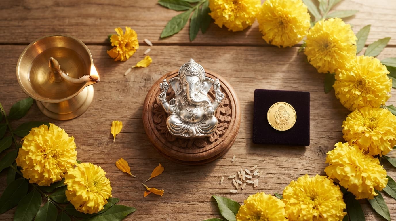 Pure silver Ganesh idol with a gold coin, yellow marigold flowers, and a brass oil lamp for Ganesh Chaturthi.