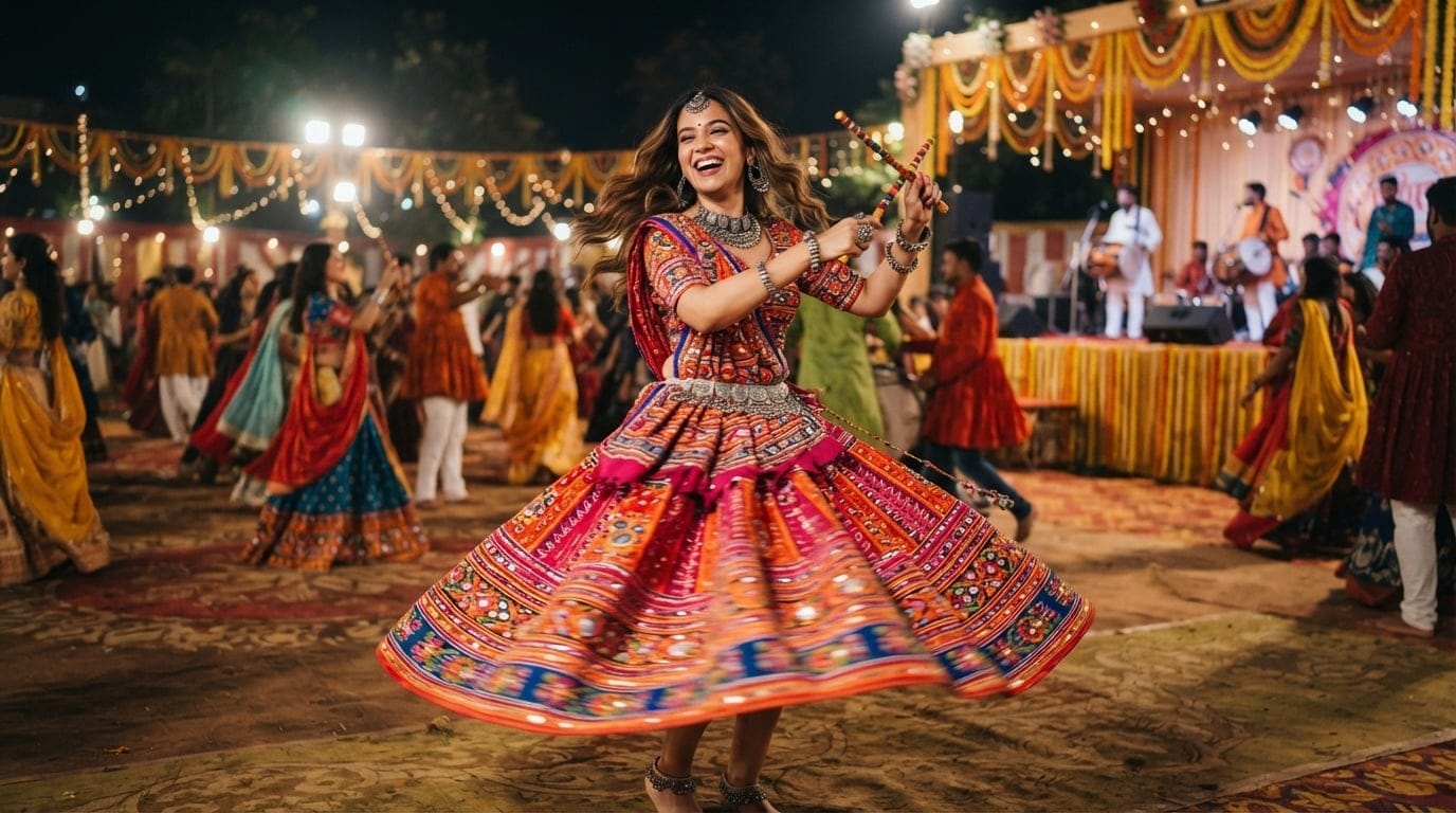 A woman in a colorful Navratri outfit dancing Garba while wearing intricate oxidised silver jewellery for the 2026 festival.