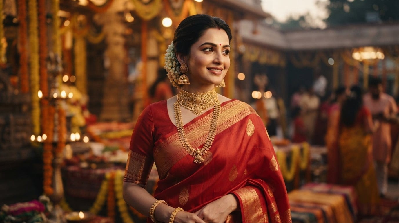 Woman wearing a heavy gold choker and jhumka earrings with a classic red silk saree.