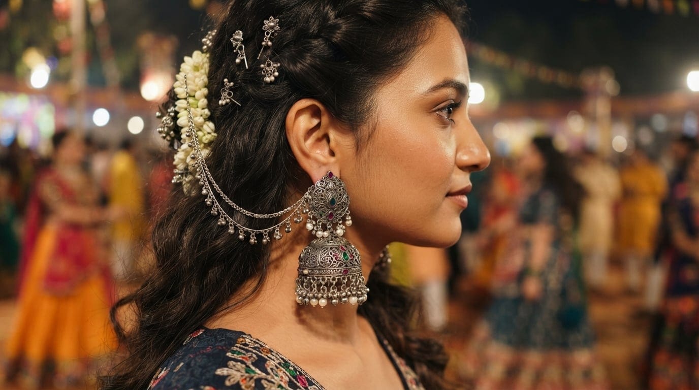 Oxidized silver Jhumka earring with a long pinned hair chain for a traditional Navratri 2026 look.