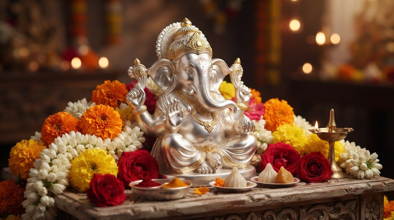Silver Ganesh idol with left curving trunk and fresh flowers, ideal for home worship as detailed in this jewellery guide.