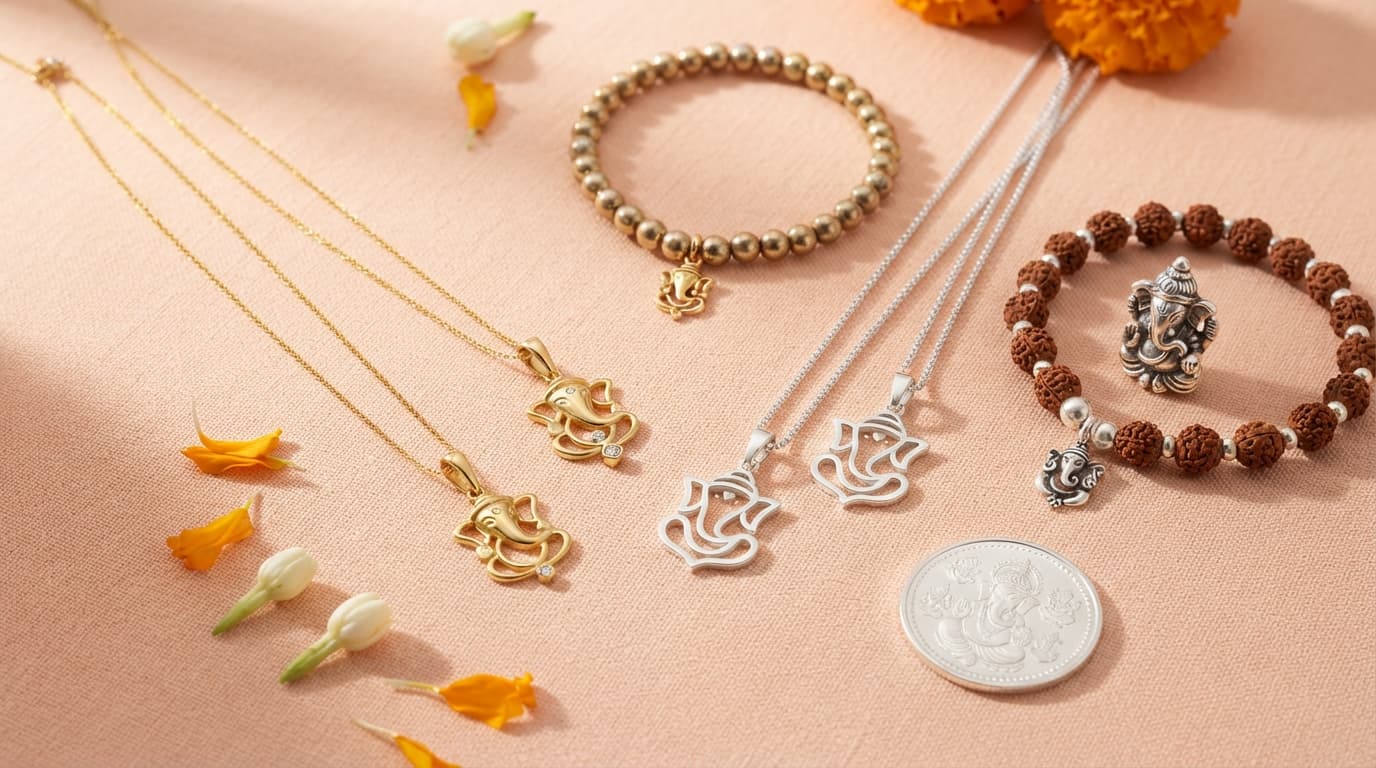 Gold and sterling silver Ganesha pendants on delicate chains over a pastel background for Ganesh Chaturthi styling