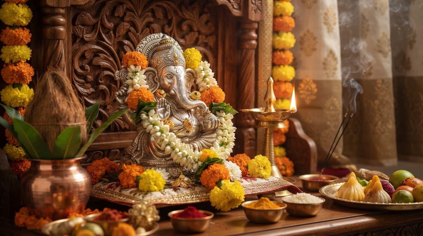Traditional brass diya illuminating a pure silver Ganesh idol on a festive altar decorated with fresh marigold flowers.