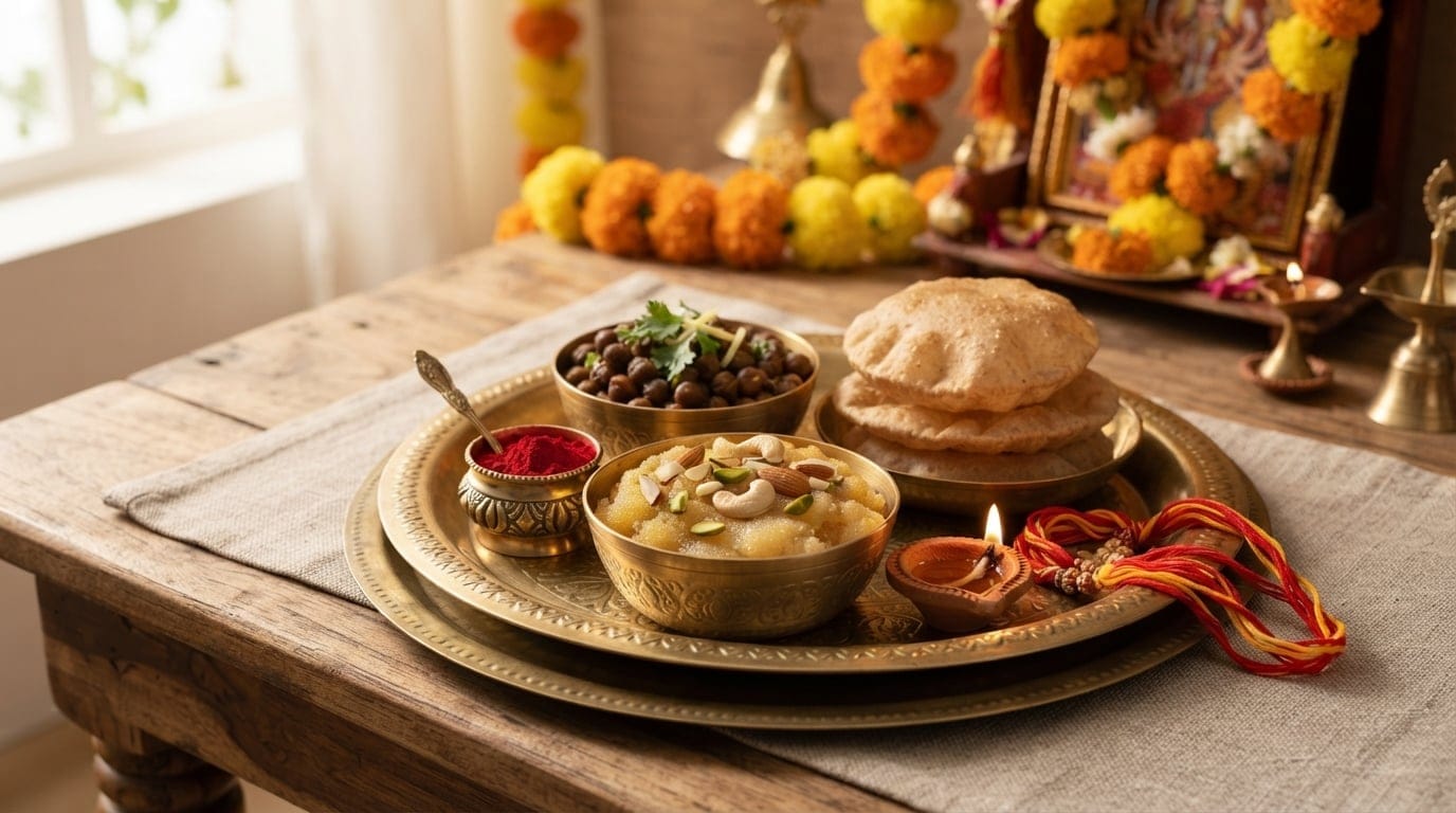 Traditional Kanya Pujan thali with halwa and puri for Kanjak gifts and jewellery gifting ideas for girls