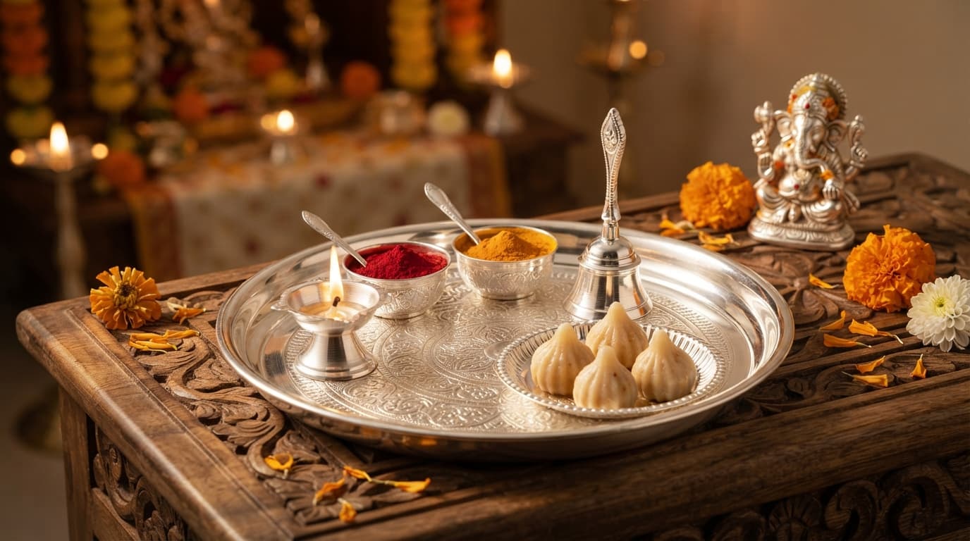 Silver puja thali with diya, haldi, kumkum, and modaks for Ganesh Chaturthi festive celebrations.