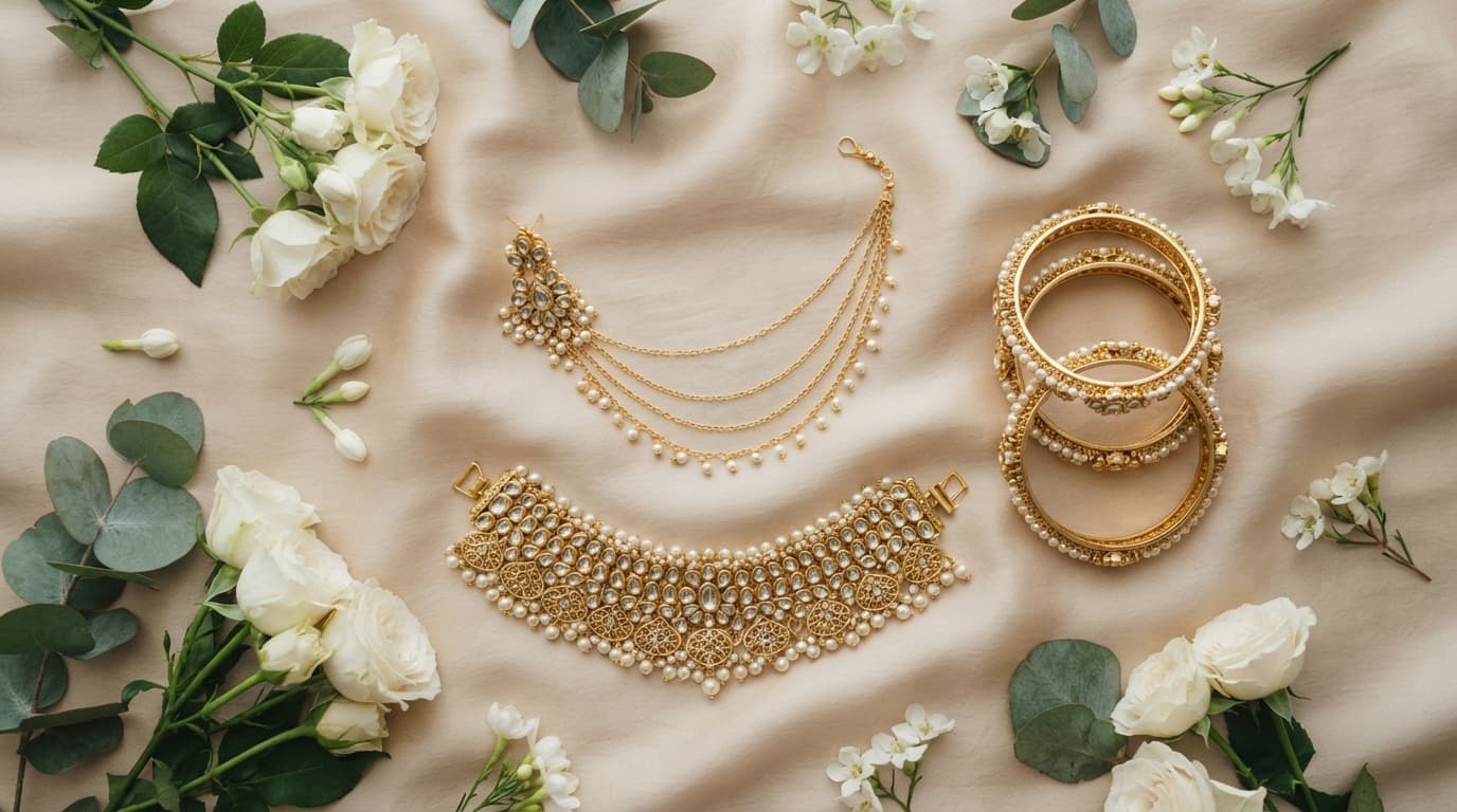 Gold bridal ear chain designs with a matching choker necklace and fresh flowers on silk.