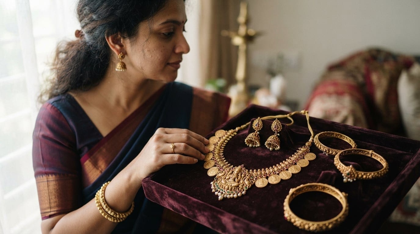 Close-up of traditional matte finish temple jewellery set with gold coins and goddess motifs displayed on a velvet tray for Navratri styling.