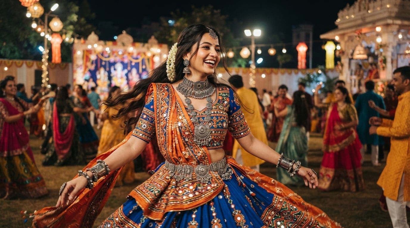Woman wearing a full set of oxidized silver jewellery with a blue and orange Chaniya Choli for Navratri 2026 Garba nights.