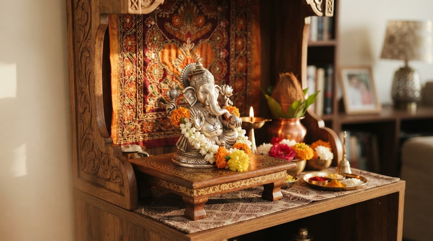 Silver Ganesh idol for home mandir placed on a wooden stand facing east with a diya and flowers for Ganesh Chaturthi puja.