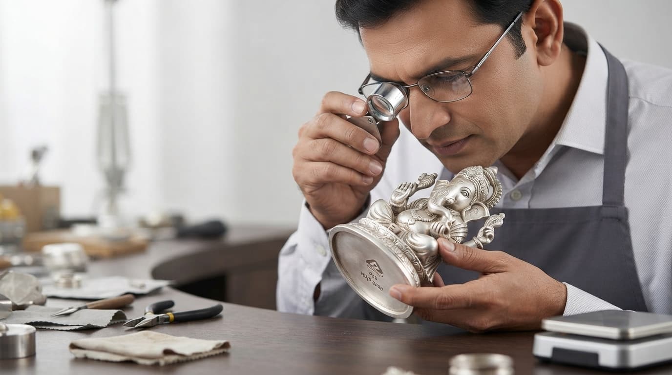 Jeweller checking the BIS hallmark and HUID code on the base of a silver Ganesh idol with a loupe.