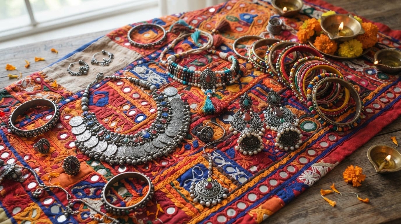 Flat lay of traditional Navratri jewellery featuring oxidized silver necklaces, colorful bangles, and large earrings on ethnic fabric.