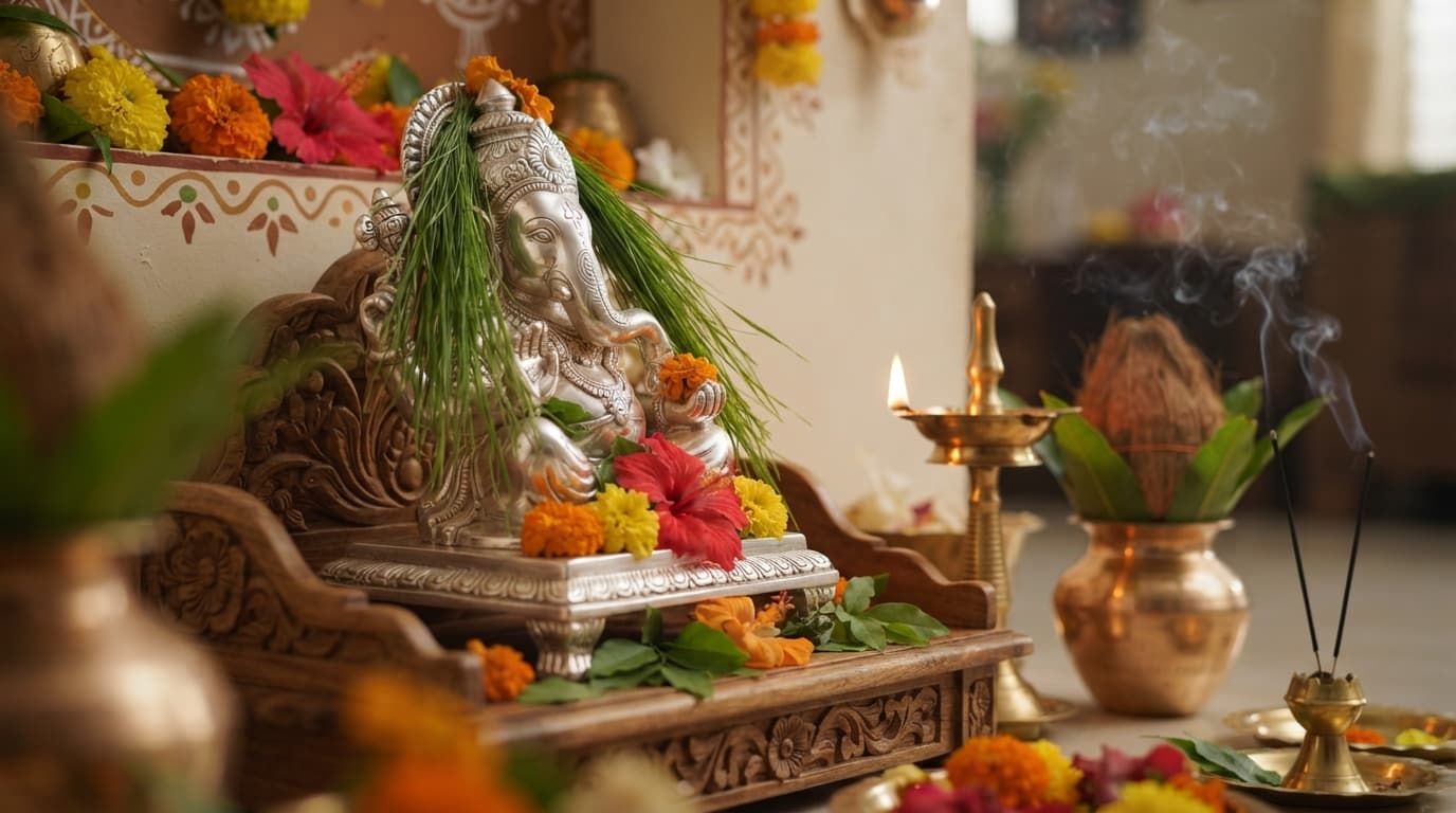 Silver Vamamukhi Ganesha idol on home altar with durva grass and lit lamp for Ganesh Chaturthi puja.