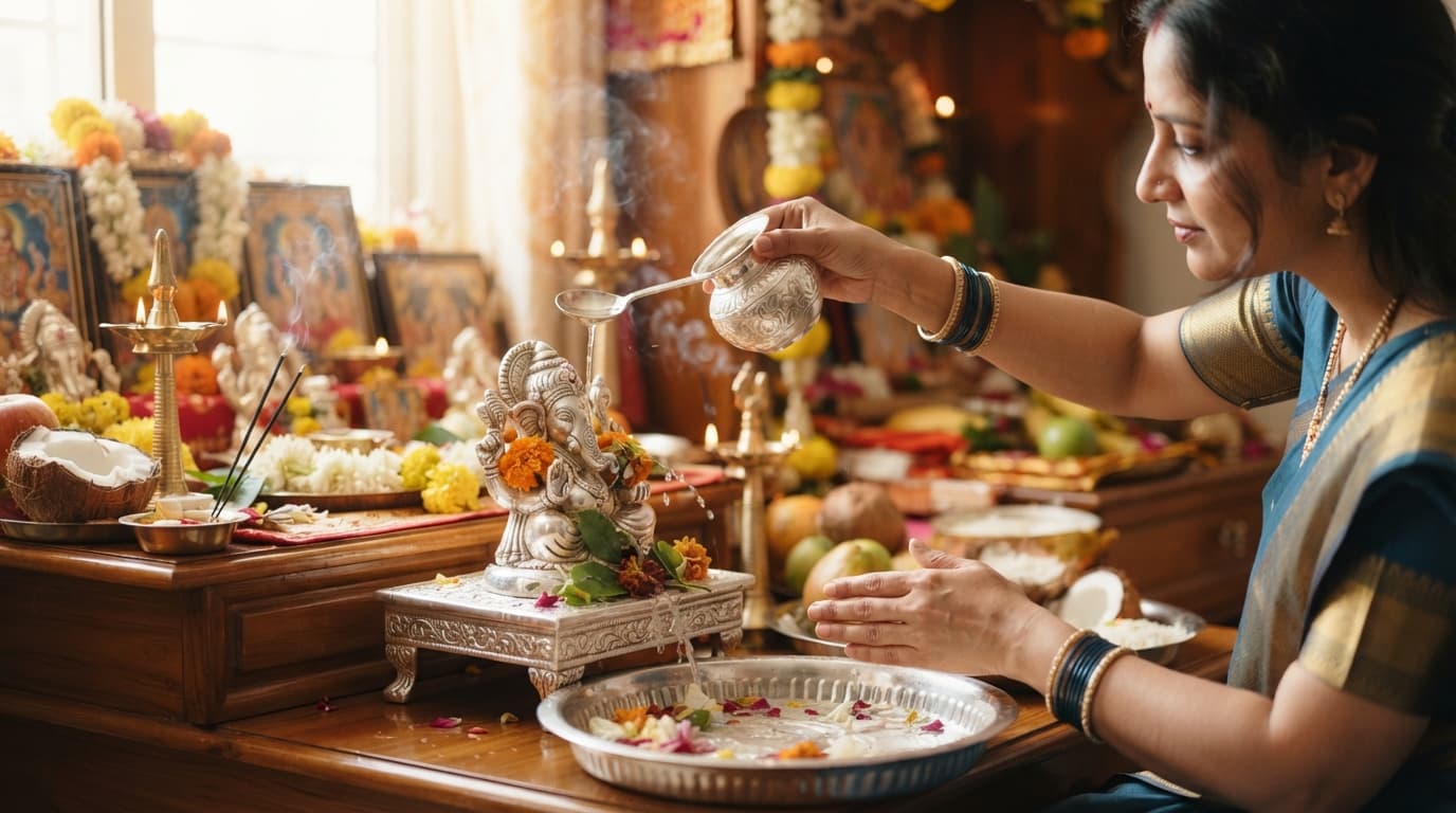 Devotee pouring water over a small silver Ganesh idol during a morning abhishekam ritual in a sunny home puja temple.