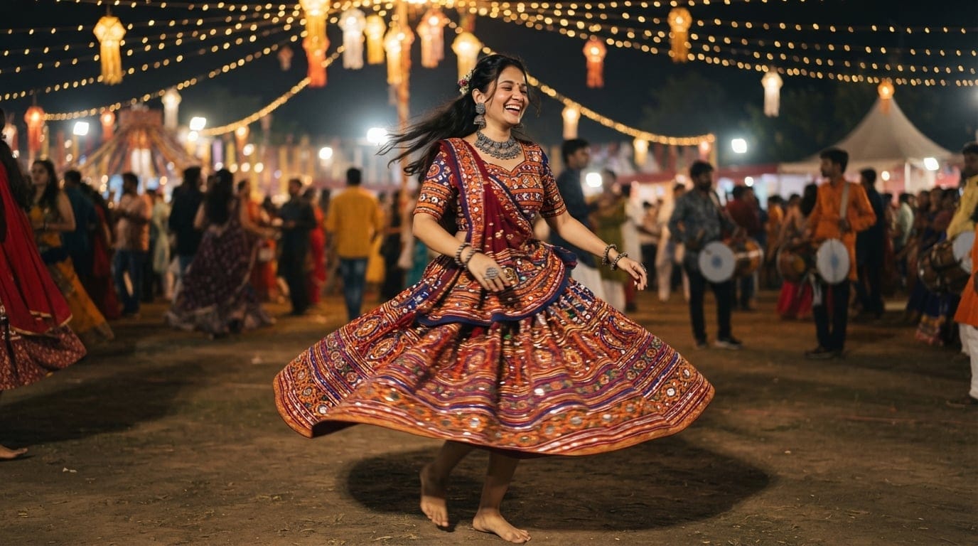 Indian woman in traditional chaniya choli and silver oxidised jewellery performing Garba dance during Navratri 2026 festival.