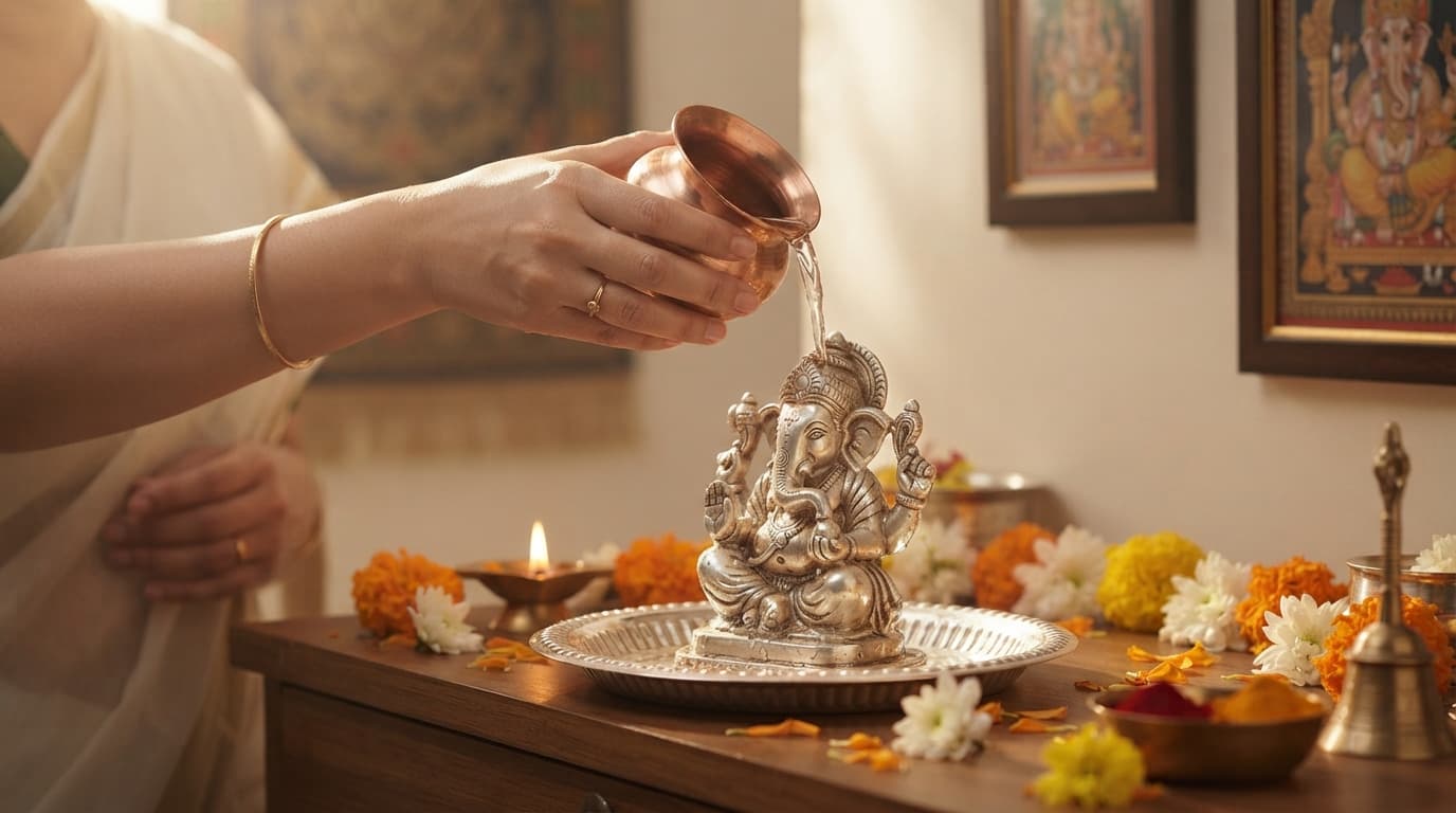 Worshipping a silver Ganesh idol with water in a copper bowl, featured in our Ganesh Chaturthi jewellery guide.