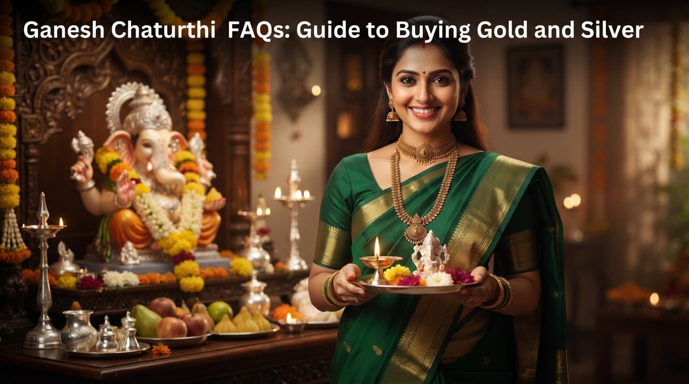 Woman wearing gold temple jewellery and green silk saree holding an aarti thali for Ganesh Chaturthi puja.