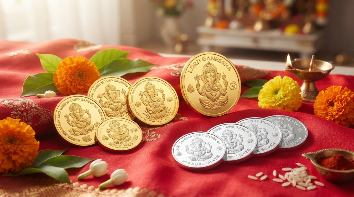 Polished 24k gold and 999 pure silver coins with Ganesha engravings on red silk for Ganesh Chaturthi puja.