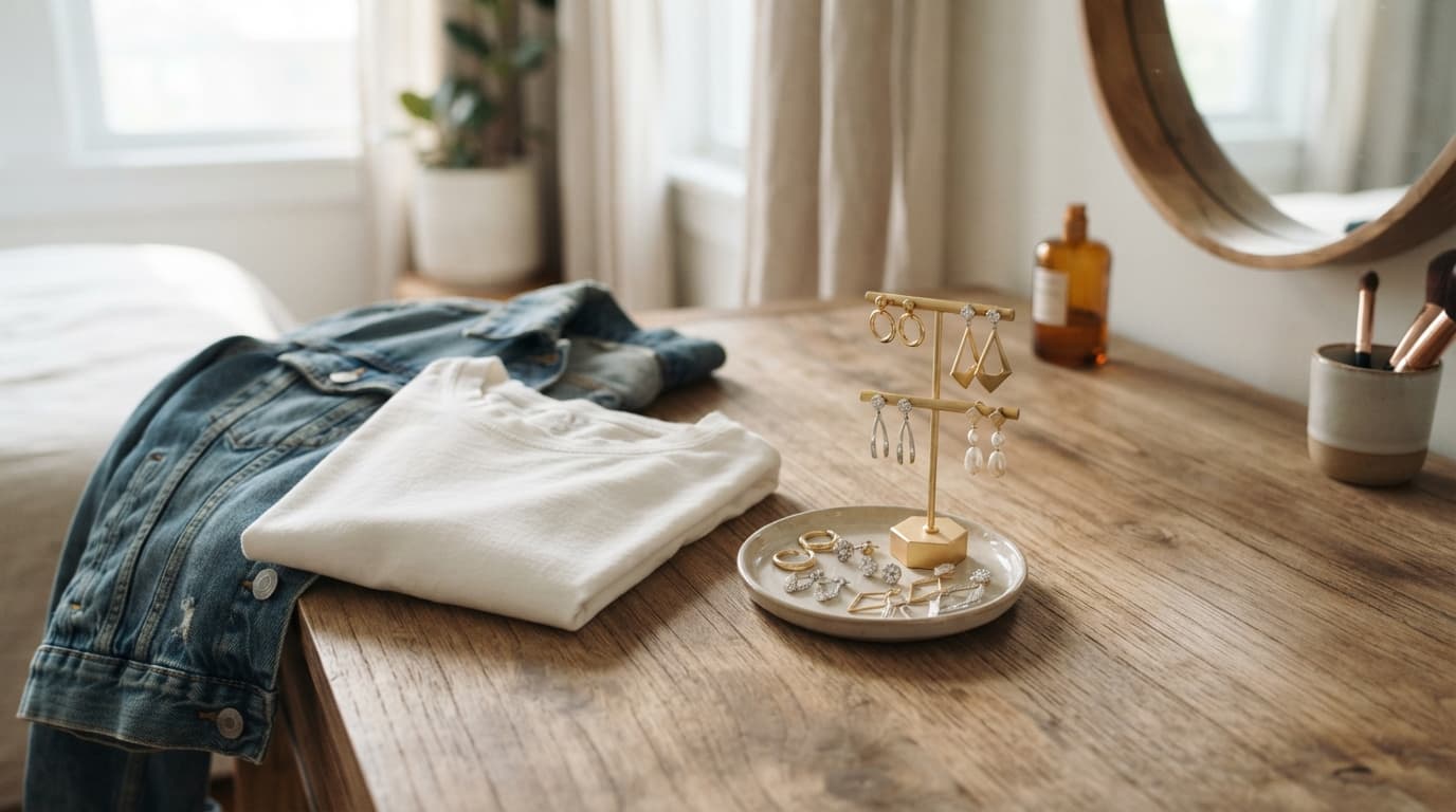 Stylish earrings in gold and silver on a vanity next to a casual denim jacket.