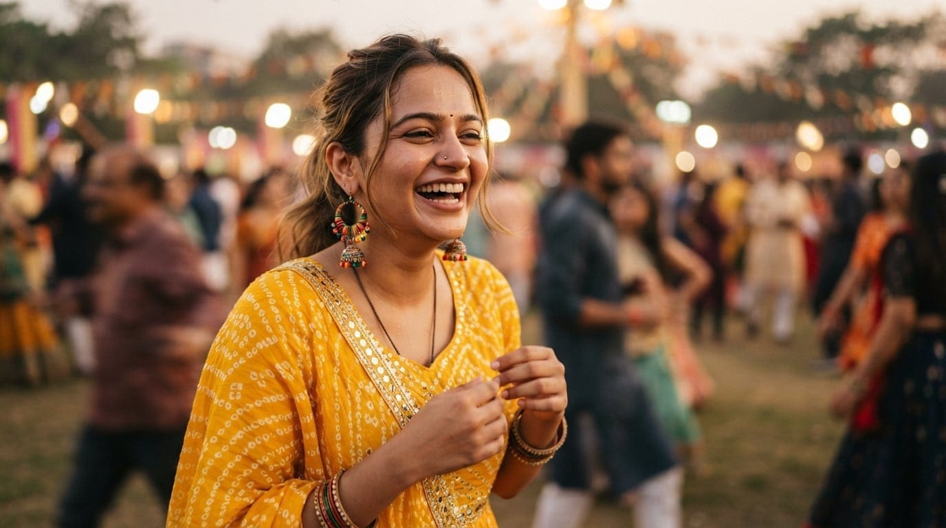 A woman laughing in a bright yellow Bandhani dress and ethnic thread jhumkas during a Navratri 2026 evening festival event.