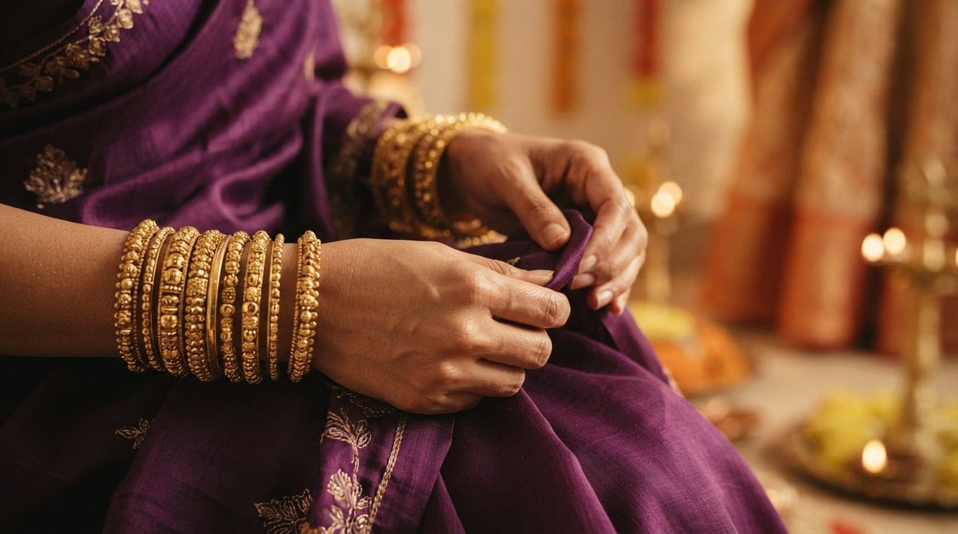 A detailed close up of hands wearing ornate gold bangles while holding a luxurious purple silk fabric for Navratri 2026 Day 8.