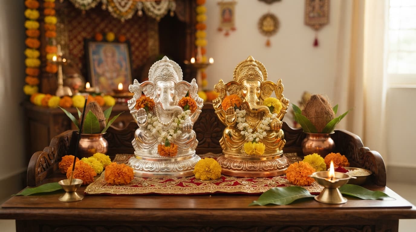Silver and gold Ganesh idols placed on a wooden home puja mandir with marigolds and a brass diya lamp.