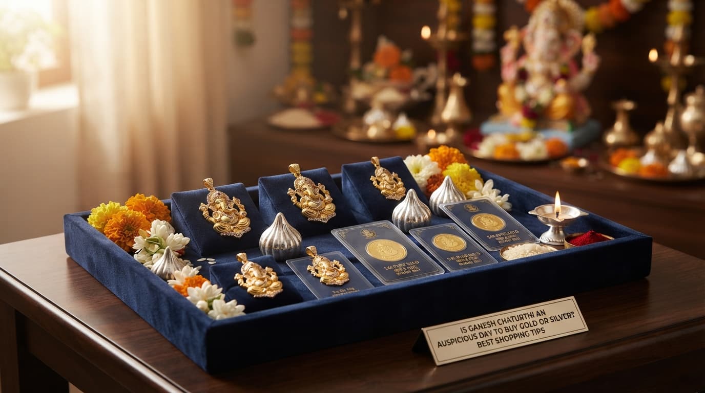 Gold Ganesha pendants, silver modaks, and 24k coins on a velvet tray, perfect for Ganesh Chaturthi shopping.