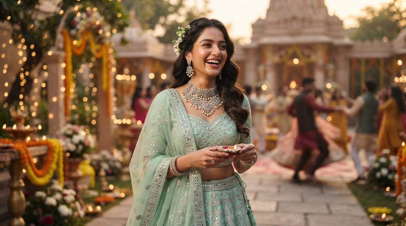 Young woman wearing an intricate bright silver necklace set and earrings with a mint green lehenga for Navratri 2026 jewellery styling