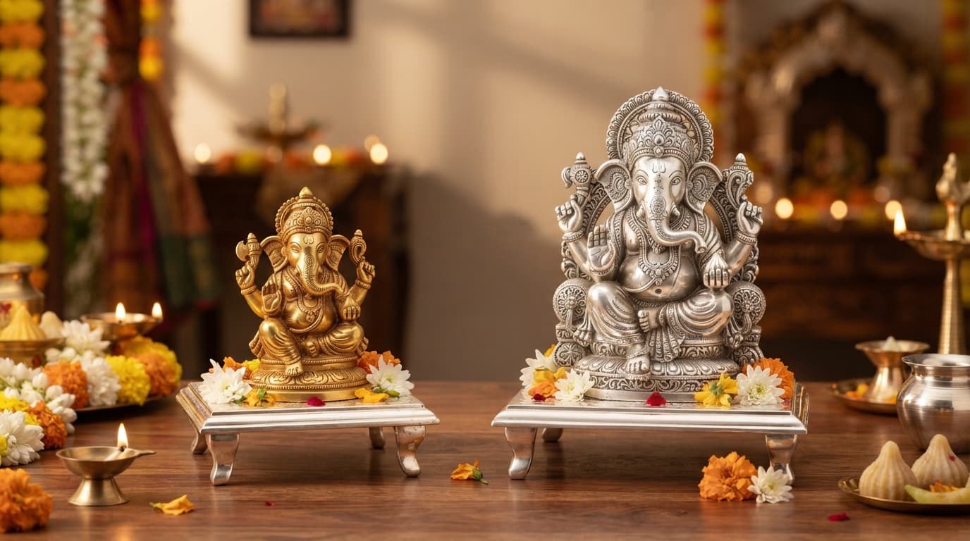 Gold Ganesha idol next to a detailed sterling silver Ganesh idol on a home puja altar for Ganesh Chaturthi.