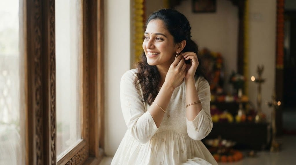 Indian woman in a white cotton Anarkali and pearl earrings for Navratri 2026 Day 2 white color theme outfits and jewellery guide.