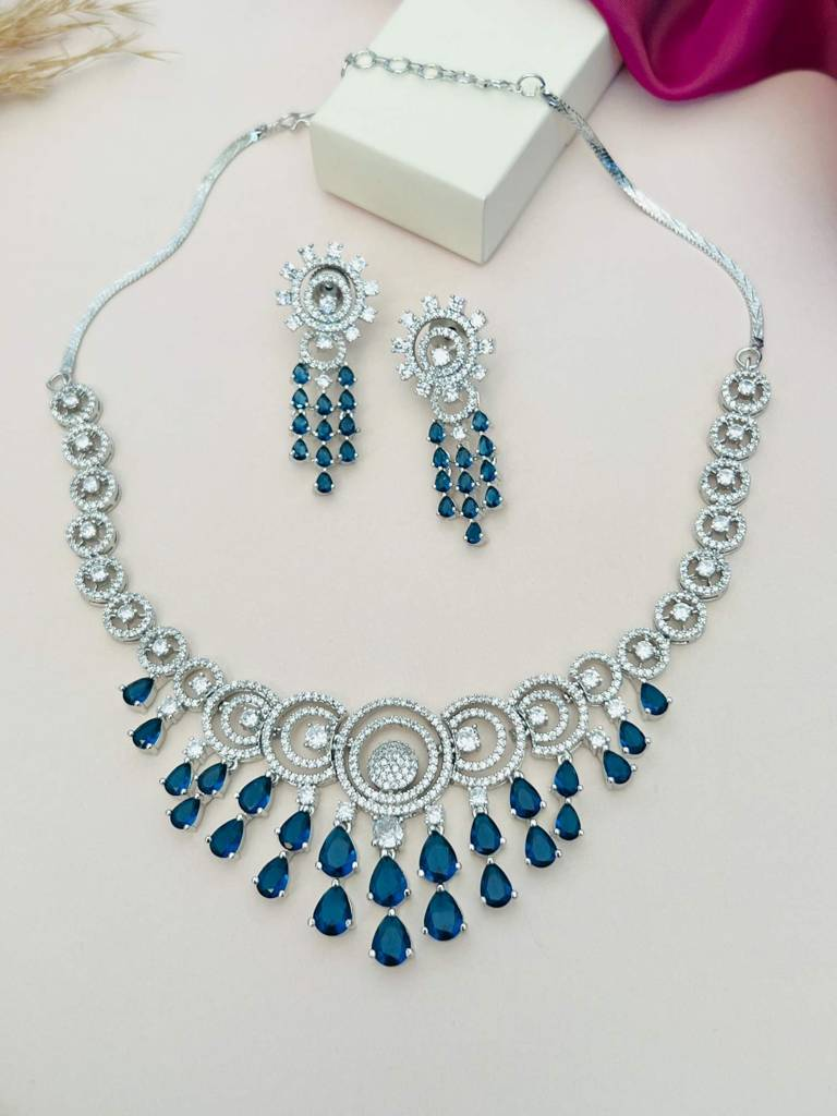 ABDESIGNS Sophisticated Silver Plated American Diamond Necklace-Spaddmnc32Bluer03 (One Size)
