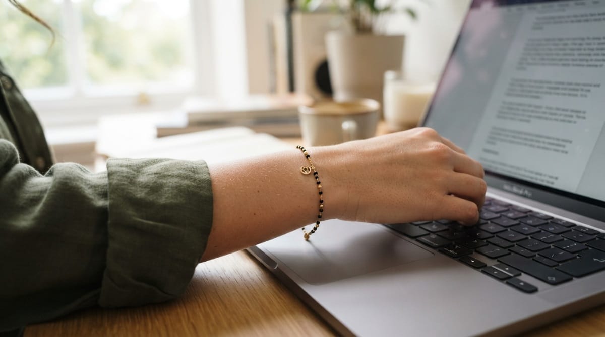 Woman wearing a thin gold bracelet mangalsutra at her office desk