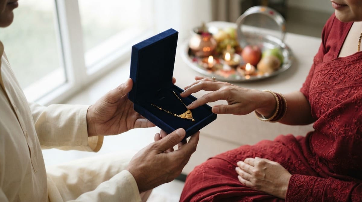 Husband gifting his wife a gold mangalsutra on her first Karwa Chauth