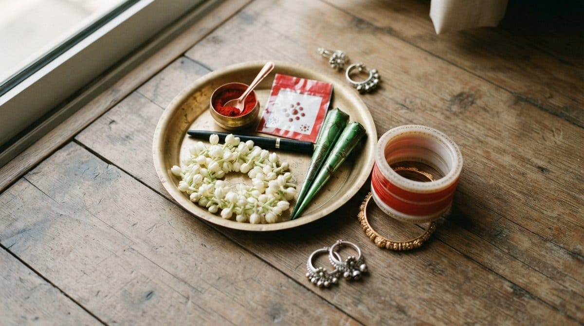 Flat lay of sindoor, bindi, kajal, mehendi and gajra flowers used in Karwa Chauth shringar