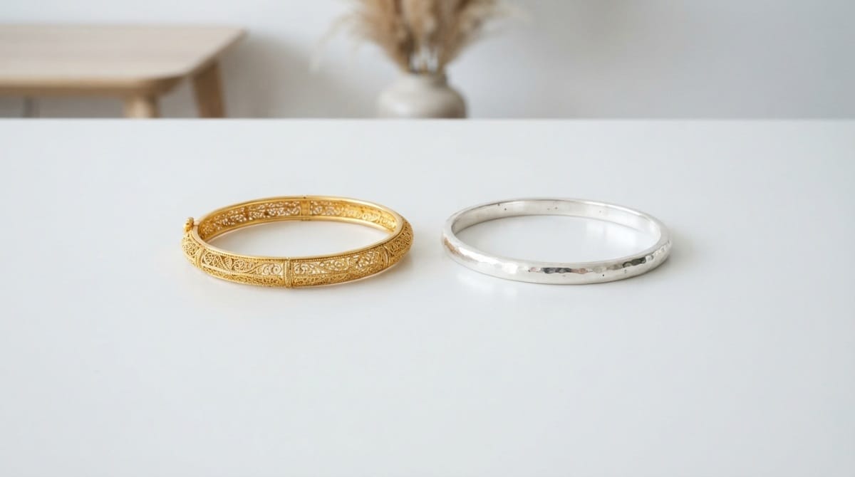 Gold bangle and silver bangle placed side by side for comparison