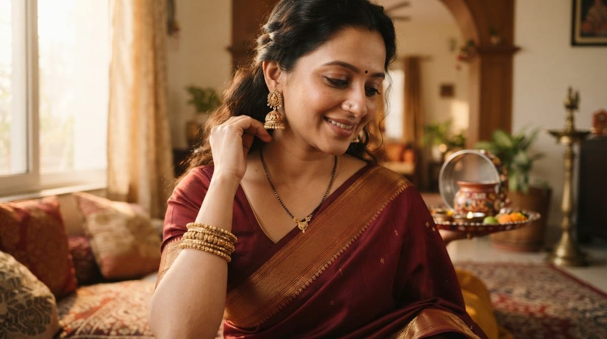 Close-up of gold mangalsutra, earrings and bangles worn by a woman in a maroon saree