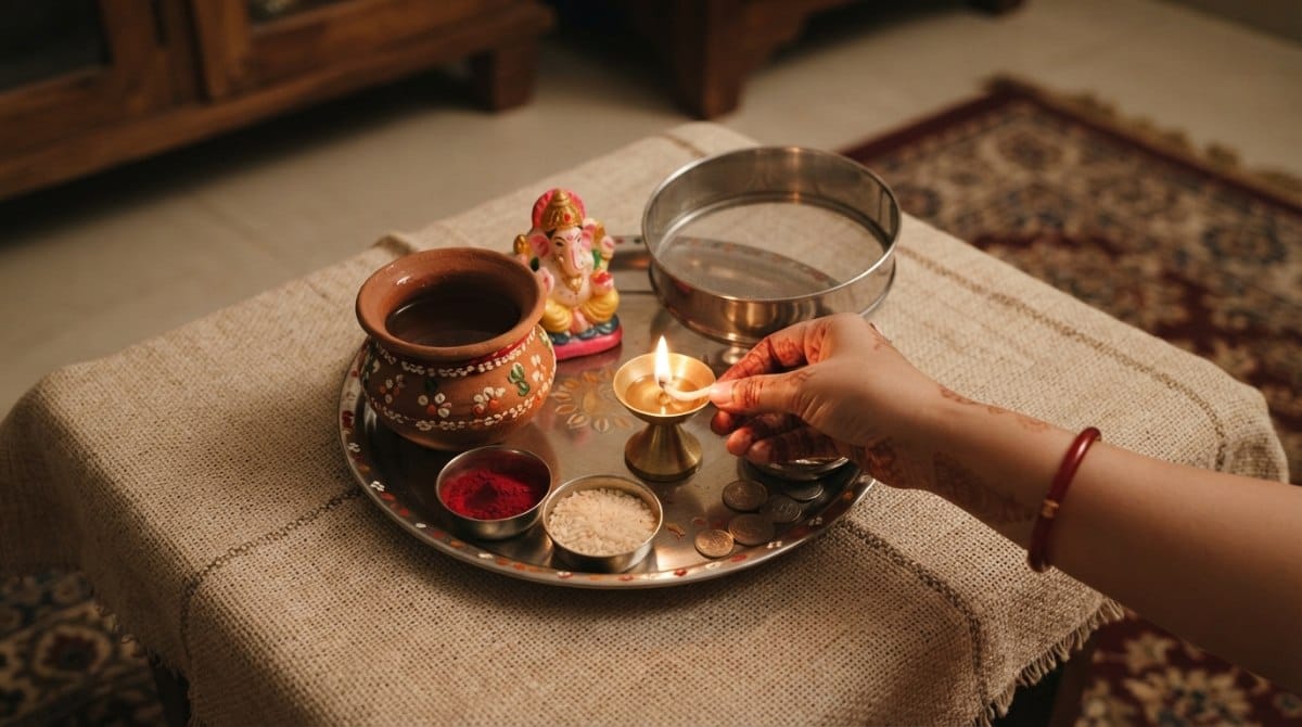 Karwa Chauth puja thali with clay karwa, diya, sieve and idols of Gauri and Ganesh ji