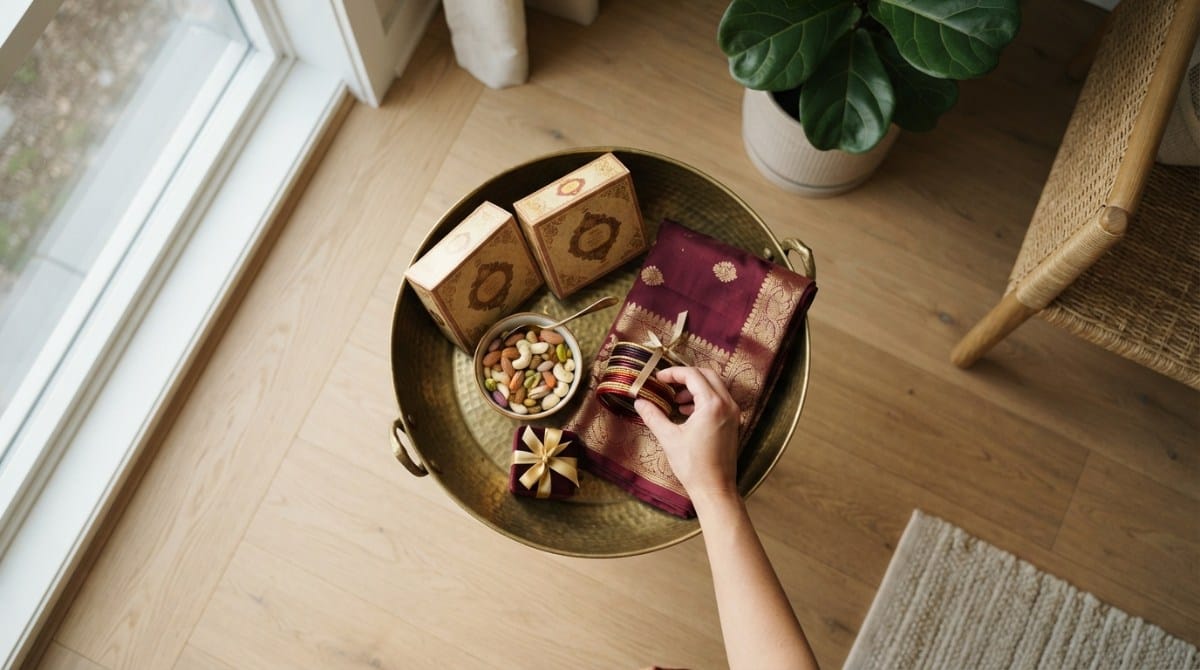 Baya basket with sweets, saree and jewellery, a popular Karwa Chauth gift for mother-in-law