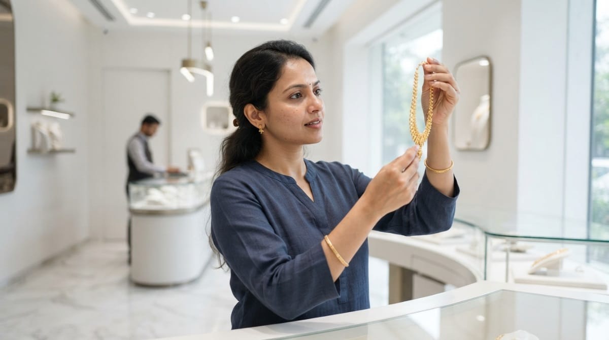 Woman examining a gold necklace closely in a bright jewellery showroom