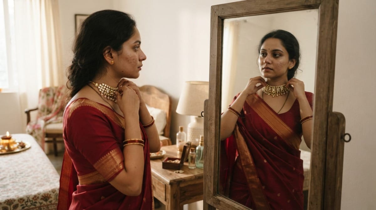 Woman in a red saree wearing one statement kundan choker as the hero jewellery piece