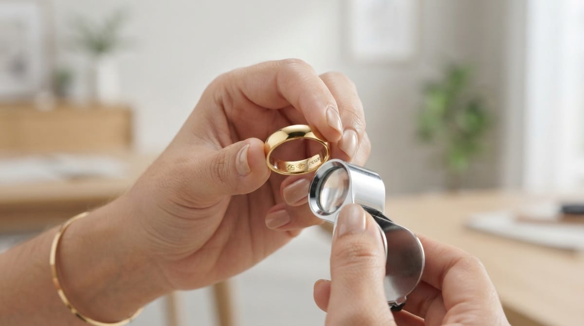 Macro view of a gold ring showing the BIS logo, purity grade and HUID code engraved inside