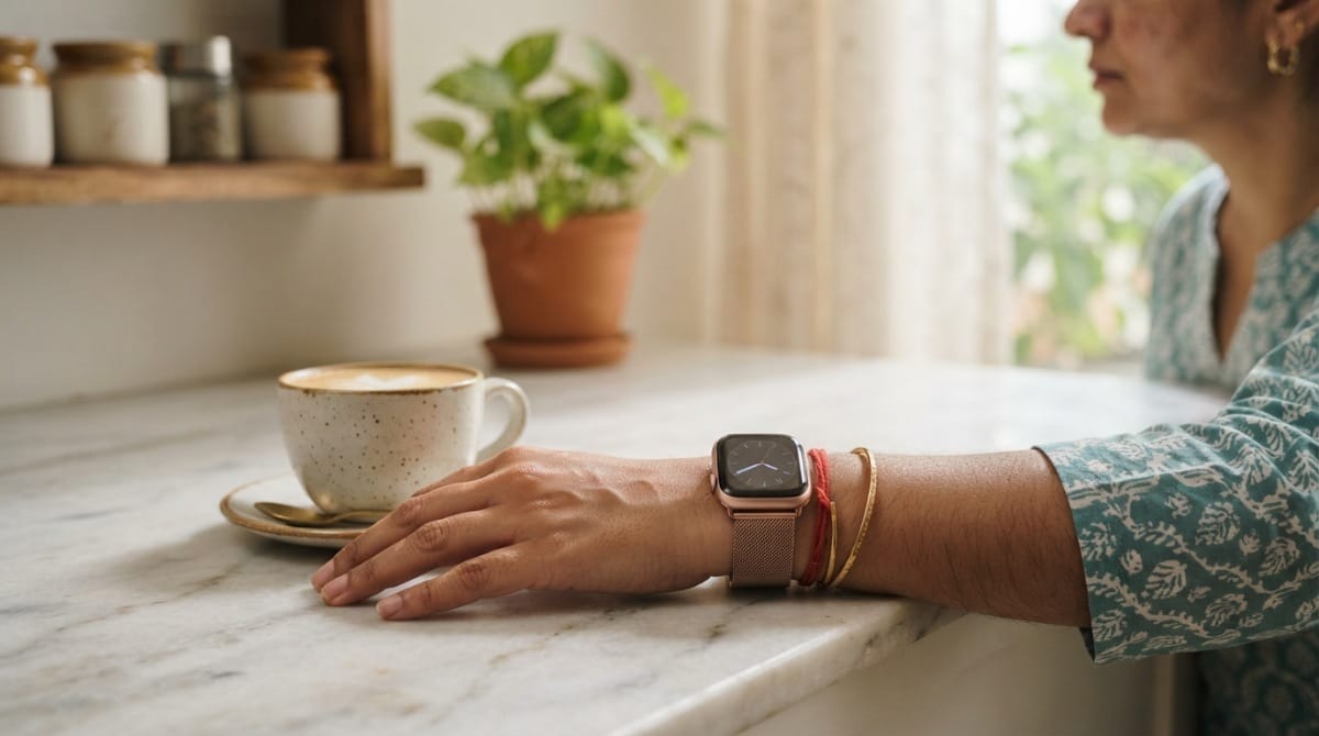 Woman's wrist wearing a rose gold smartwatch resting on a marble counter