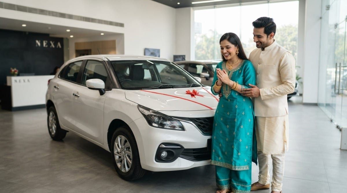 A couple collecting a new car from a showroom during the Dhanteras festive season