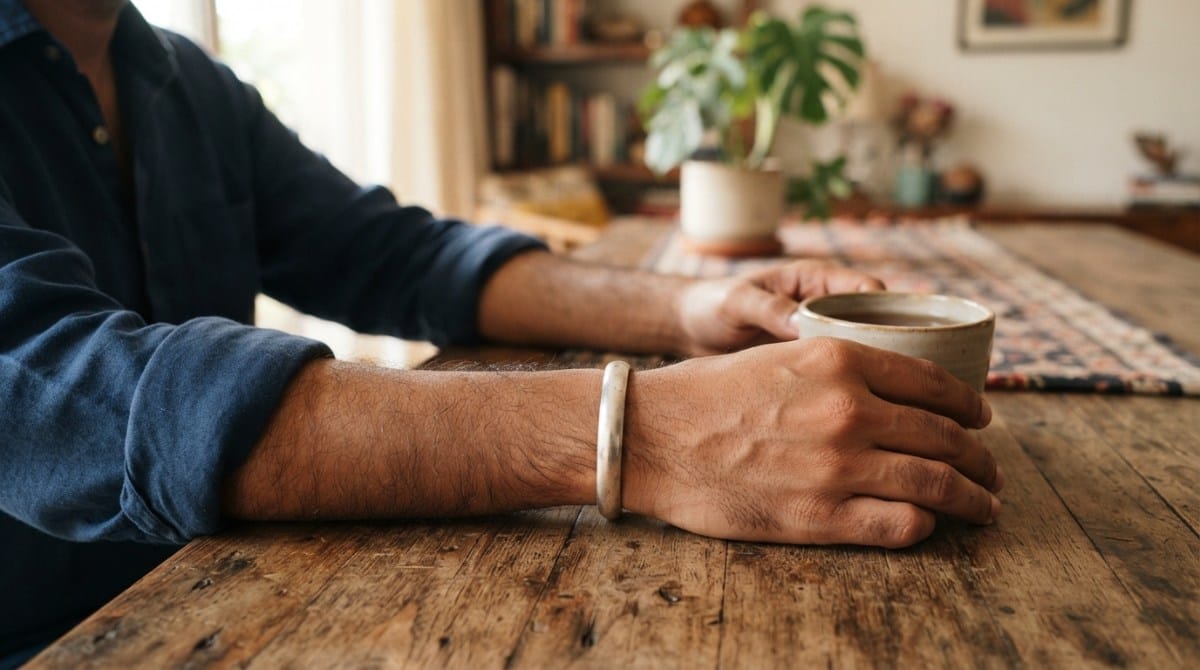 Man's wrist wearing a simple silver kada bracelet gifted on Karwa Chauth